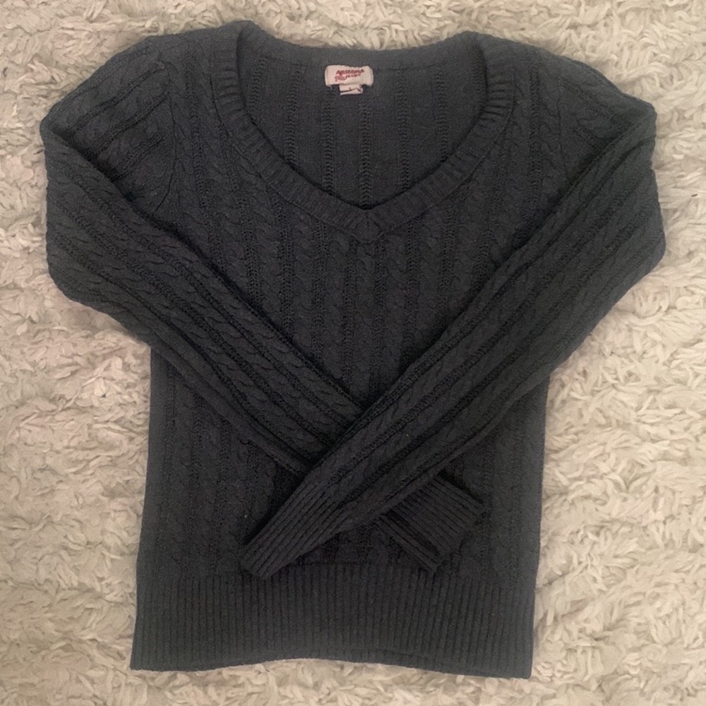 Gray Cable Knit V-Neck Sweater
